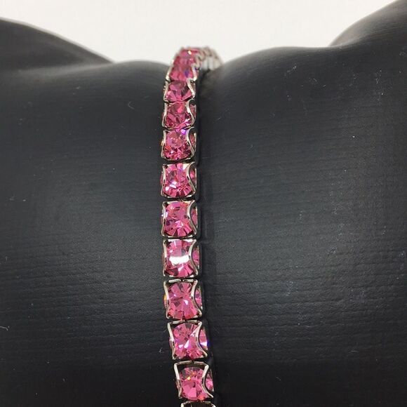 October Birthstone Rhinestone stretch bracelet pink rhinestones silver tone - Picture 3 of 11